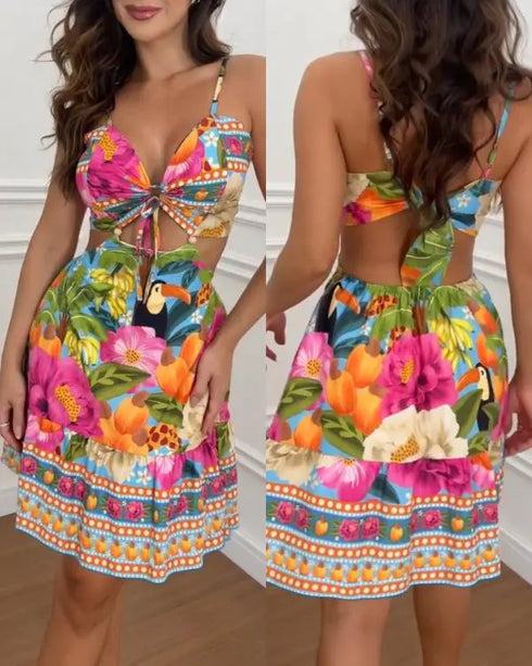 Floarl Print V Neck Lace Up Hollow Out Vaction Dress Casual A Line Tied Detail Backless Maxi Dress turquoise blue