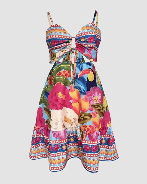 Floarl Print V Neck Lace Up Hollow Out Vaction Dress Casual A Line Tied Detail Backless Maxi Dress turquoise blue