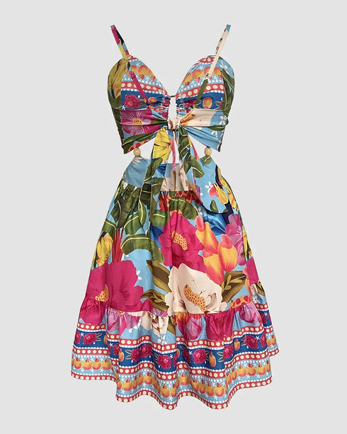 Floarl Print V Neck Lace Up Hollow Out Vaction Dress Casual A Line Tied Detail Backless Maxi Dress turquoise blue