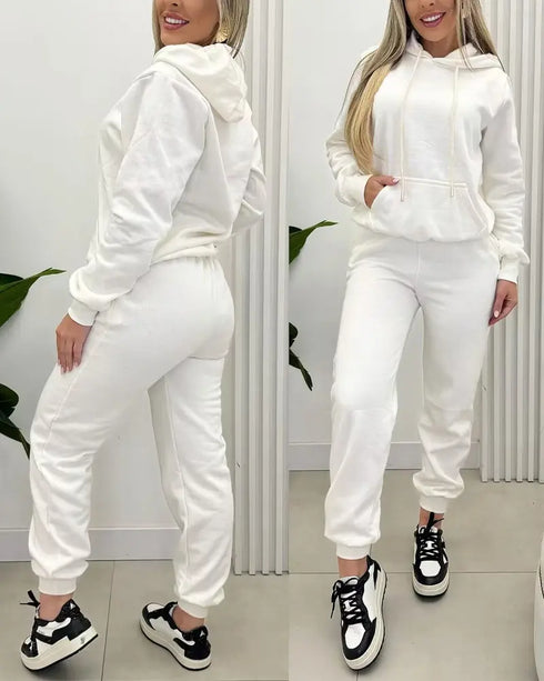 2 Pieces Outfit Kangaroo Pocket Thermal Lined Drawstring Hoodie Sweatshirt and Casual Elastic Waist Cinched Ribbed Cuffs Sporty Sweatpants Set white