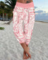 Plants Print Low Waist Wooden Button Decor Capris Pants Vacation Pants with Pockets pink