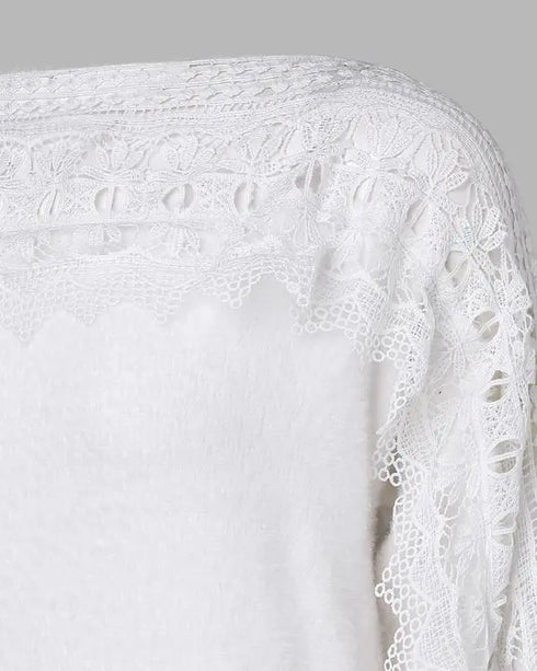Crewneck Guipure Lace Long Sleeve Hollow Out Knit Sweaters Pullover Tops white