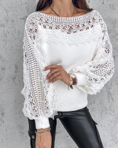 Crewneck Guipure Lace Long Sleeve Hollow Out Knit Sweaters Pullover Tops white