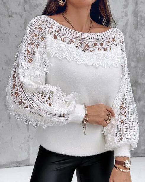 Crewneck Guipure Lace Long Sleeve Hollow Out Knit Sweaters Pullover Tops white