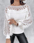 Crewneck Guipure Lace Long Sleeve Hollow Out Knit Sweaters Pullover Tops white