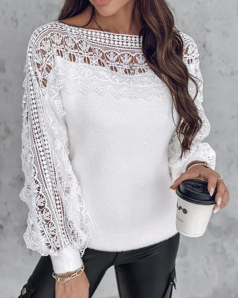 Crewneck Guipure Lace Long Sleeve Hollow Out Knit Sweaters Pullover Tops white