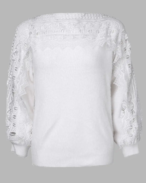 Crewneck Guipure Lace Long Sleeve Hollow Out Knit Sweaters Pullover Tops white
