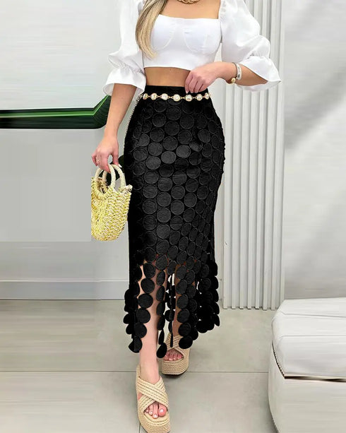 Hollow-out Boho Tassel Slim Fit Bodycon Long Skirt black