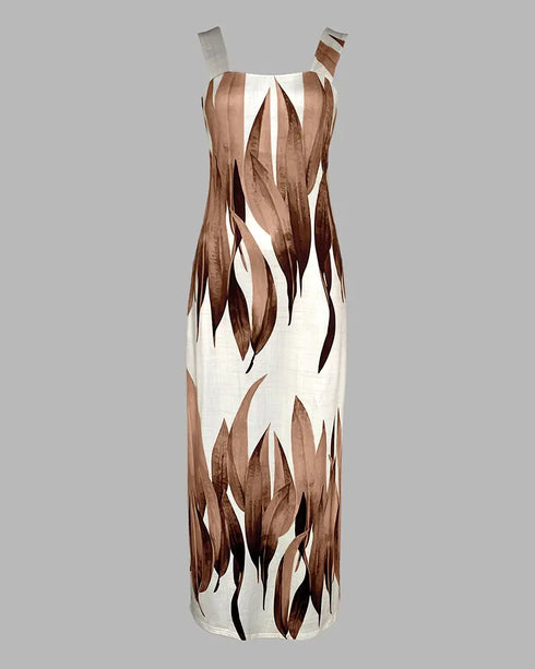 Plants Print Square Neck Thick Strap Maxi Dress Casual Slim Fit Side Slit Vacation Dress with Pockets brown