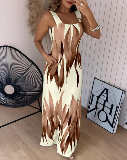 Plants Print Square Neck Thick Strap Maxi Dress Casual Slim Fit Side Slit Vacation Dress with Pockets brown