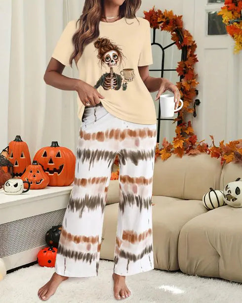 2 Pieces Outfit Anchor Pattern Short Sleeve Top and Striped Elastic Waist Pants Set Casual Pajamas Set Apricot