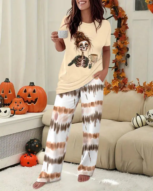 2 Pieces Outfit Cute Letter Print Short Sleeve T-shirt and Plaid Pants Set Loungewear Apricot