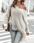 V-Neck Long Sleeve Sweater Fringe Pullover Casual Tassel Fall Winter Top khaki