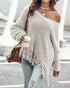 V-Neck Long Sleeve Sweater Fringe Pullover Casual Tassel Fall Winter Top khaki
