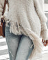 V-Neck Long Sleeve Sweater Fringe Pullover Casual Tassel Fall Winter Top khaki