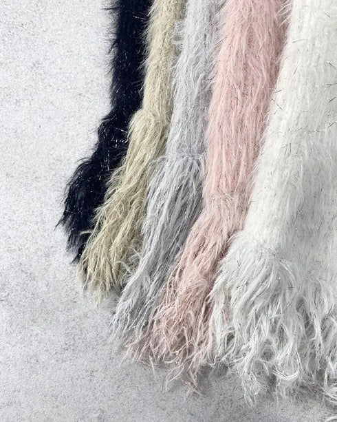 V-Neck Long Sleeve Sweater Fringe Pullover Casual Tassel Fall Winter Top khaki