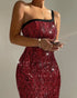 Glitter Lurex One Shoulder Spaghetti Strap Slim Fit Bodycon Allover Sequin Midi Evening Dress red