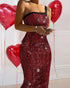 Glitter Lurex One Shoulder Spaghetti Strap Slim Fit Bodycon Allover Sequin Midi Evening Dress red