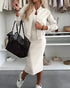2 Pieces Outfit U-Neck Slit Back Slim Fit Knit Tank Dress and Pearl Button Front Baseball Coat Casual Ribbed Set Apricot