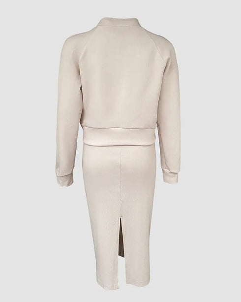 2 Pieces Outfit U-Neck Slit Back Slim Fit Knit Tank Dress and Pearl Button Front Baseball Coat Casual Ribbed Set Apricot