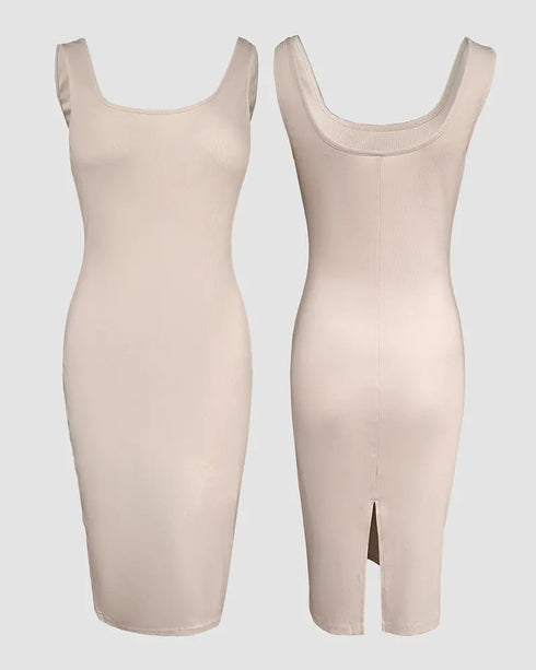 2 Pieces Outfit U-Neck Slit Back Slim Fit Knit Tank Dress and Pearl Button Front Baseball Coat Casual Ribbed Set Apricot