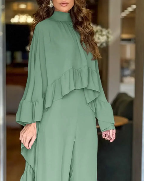 2 Pieces Outfit High Neck Hollow-out Back Ruffles High-Low Hem Cape and Casual Elastic Back Waist Wide Leg Pants Set green