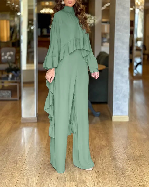 2 Pieces Outfit High Neck Hollow-out Back Ruffles High-Low Hem Cape and Casual Elastic Back Waist Wide Leg Pants Set green