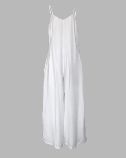 Plain Adjustable Strap Wide Leg Jumpsuit Casual Loose Fit Romper beige