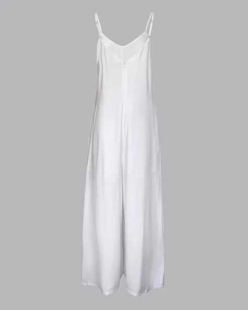 Plain Adjustable Strap Wide Leg Jumpsuit Casual Loose Fit Romper beige