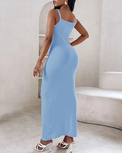 Spaghetti Strap U-Neck Casual Maxi Dress Slim Fit Cami Vacation Dress blue