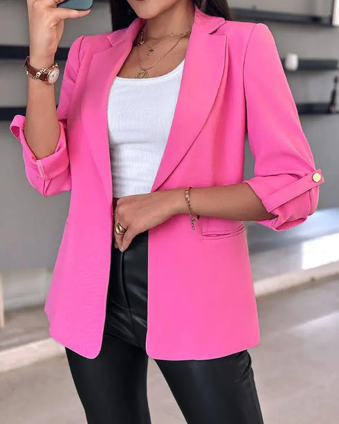 Notched Collar Roll Up Sleeve Blazer Coat pink