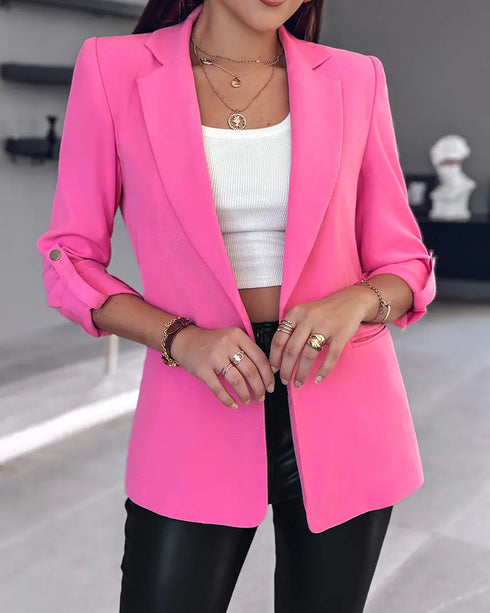 Notched Collar Roll Up Sleeve Blazer Coat pink