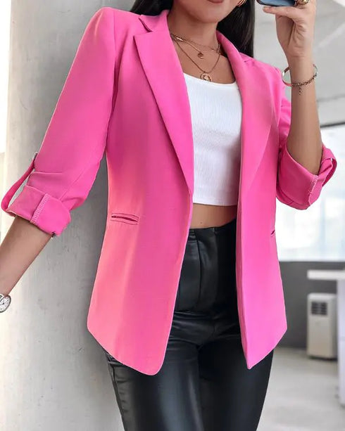 Notched Collar Roll Up Sleeve Blazer Coat pink