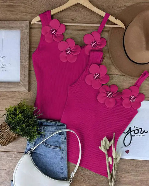 2 Pack Solid 3D Flower Tank Top Asymmetrical Neck Sleeveless Casual Ribbed Knit Camisole style1