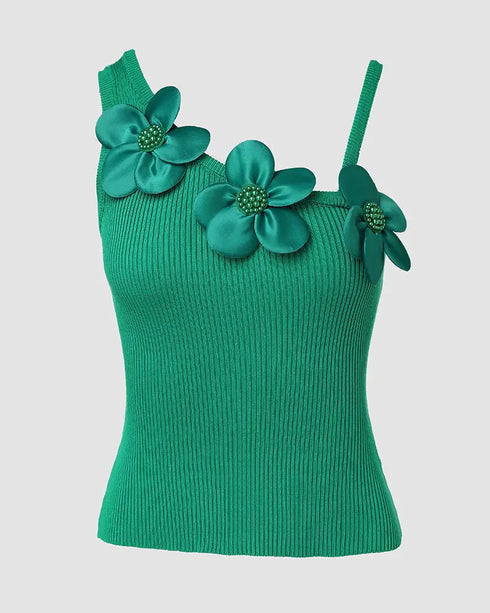 1PC Floral Pattern Beaded Decor Knit Tank Top Sleeveless Shirt style1