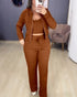 Turn-down Collar Zipper Cardigan Spaghetti Strap Tank and Casual Pants Set brown