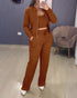 Turn-down Collar Zipper Cardigan Spaghetti Strap Tank and Casual Pants Set brown