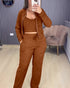 Turn-down Collar Zipper Cardigan Spaghetti Strap Tank and Casual Pants Set brown