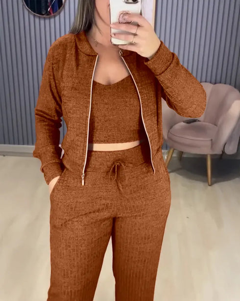 Turn-down Collar Zipper Cardigan Spaghetti Strap Tank and Casual Pants Set brown