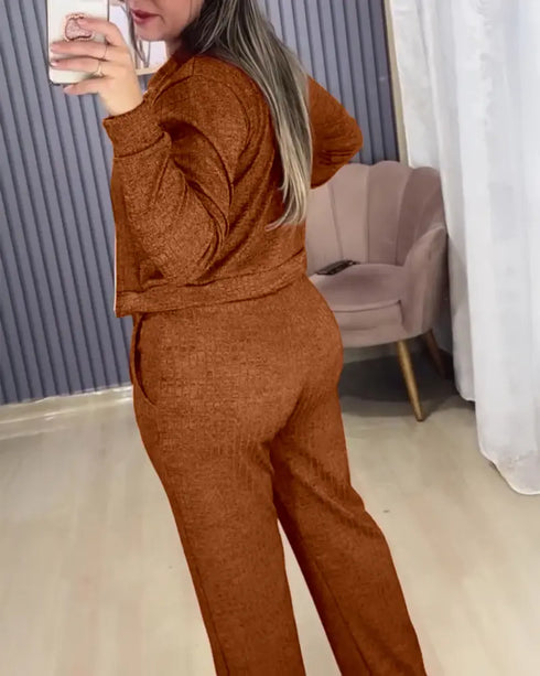 Turn-down Collar Zipper Cardigan Spaghetti Strap Tank and Casual Pants Set brown