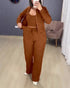 Turn-down Collar Zipper Cardigan Spaghetti Strap Tank and Casual Pants Set brown
