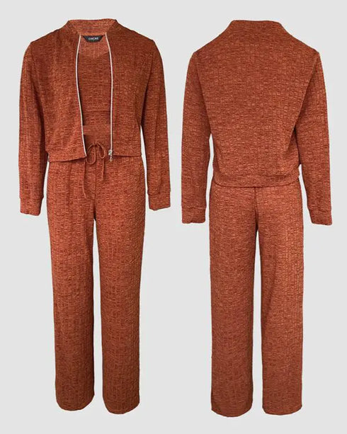 Turn-down Collar Zipper Cardigan Spaghetti Strap Tank and Casual Pants Set brown