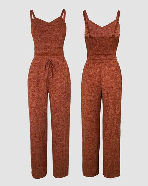 Turn-down Collar Zipper Cardigan Spaghetti Strap Tank and Casual Pants Set brown