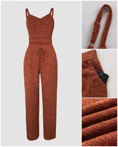 Turn-down Collar Zipper Cardigan Spaghetti Strap Tank and Casual Pants Set brown