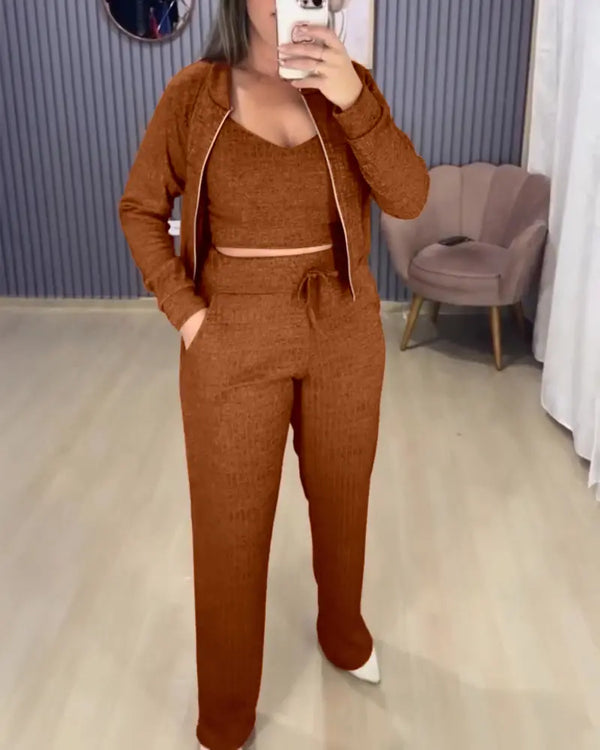 Turn-down Collar Zipper Cardigan Spaghetti Strap Tank and Casual Pants Set brown