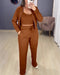 Turn-down Collar Zipper Cardigan Spaghetti Strap Tank and Casual Pants Set brown