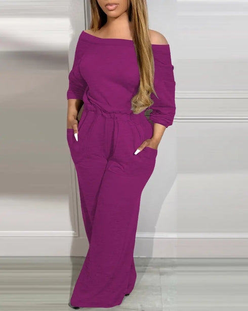 Drop Shoulder Long Sleeve Contrast Lace Backless Overalls Casual Elastic Waist Wide Leg Jumpsuit hot pink