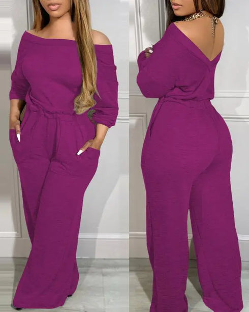 Off Shoulder V-Back Elastic Waist Pockets Design Jumpsuit Casual Drop Shoulder Cinched Waist Wide Leg Jumpsuit hot pink