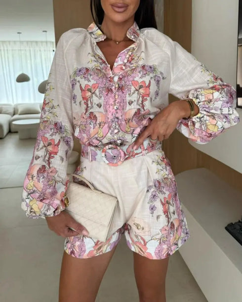 2 Pieces Outfit Floral Placement Print Stand Collar Button Button Front Lantern Sleeve Top and Casual Elastic Back Waist Shorts Set with Belt pink