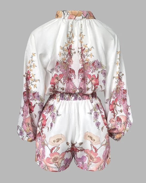 2 Pieces Outfit Floral Placement Print Stand Collar Button Button Front Lantern Sleeve Top and Casual Elastic Back Waist Shorts Set with Belt pink